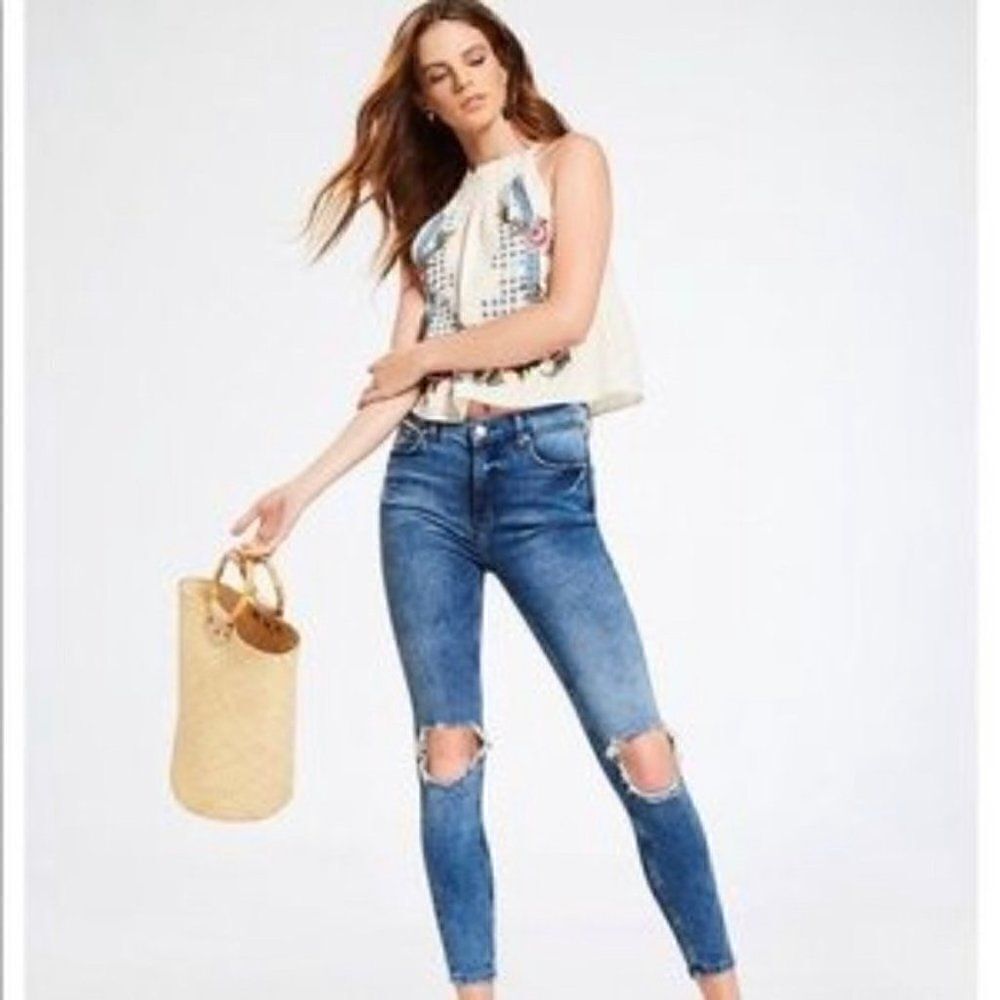 Free People Destroyed Ripped Knee Skinny Ankle Jeans Size 28